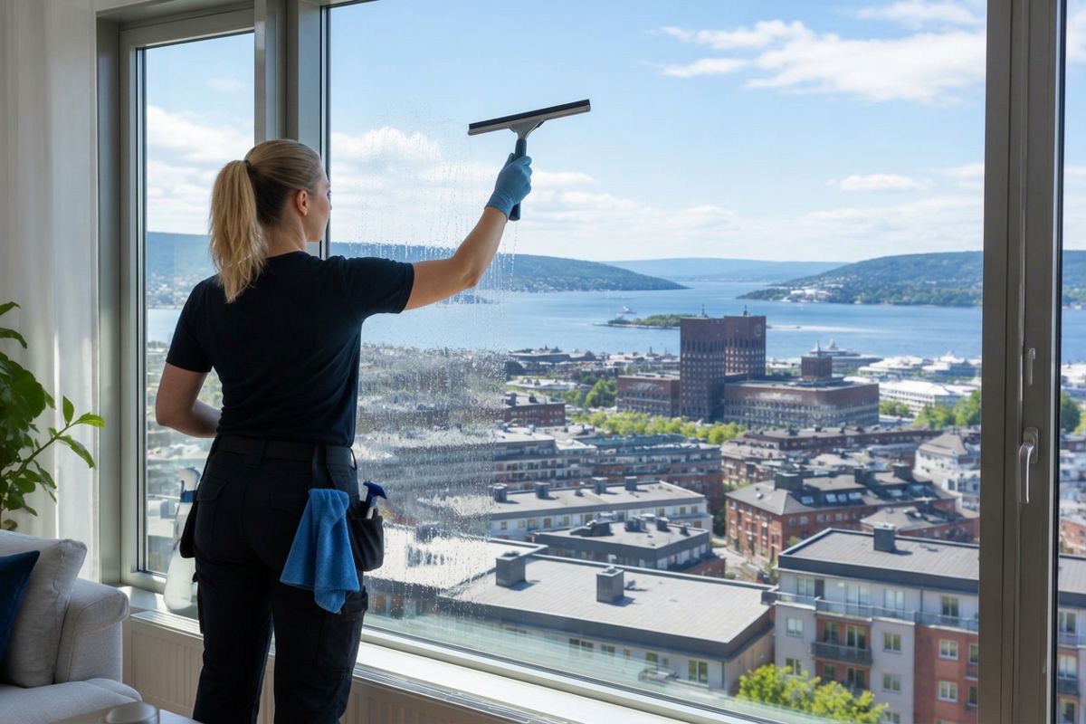 Renholder vasker vindu med utsikt over Oslo sentrum og fjorden